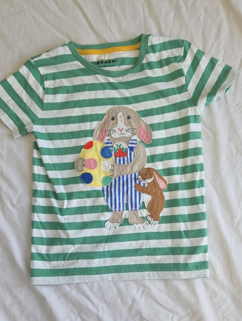 Mini Boden Applique Bunny Rabbit Shirt Size 5-6 Green Stripes Never Worn New